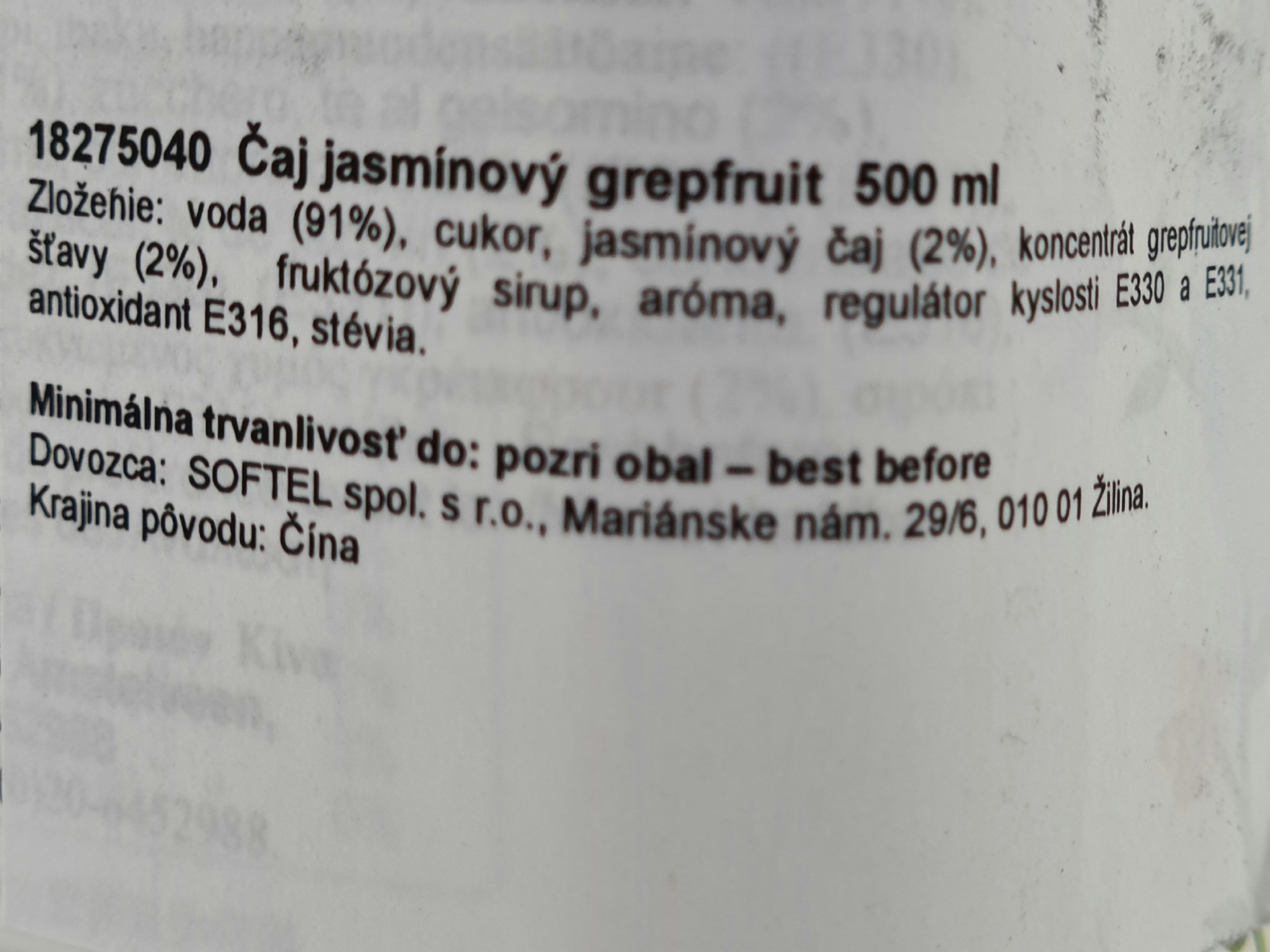 Etiketa zloženia jasmínového čaju grapefruit 500 ml