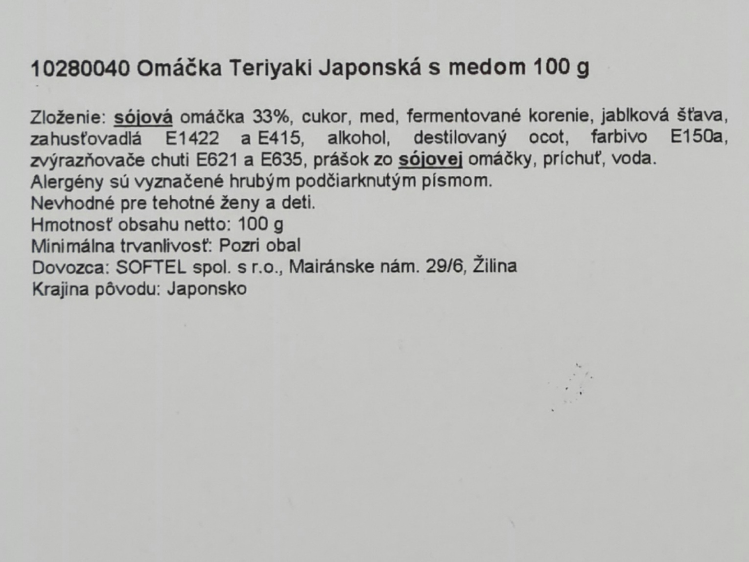 Japonská omáčka Teriyaki s medom 100 g