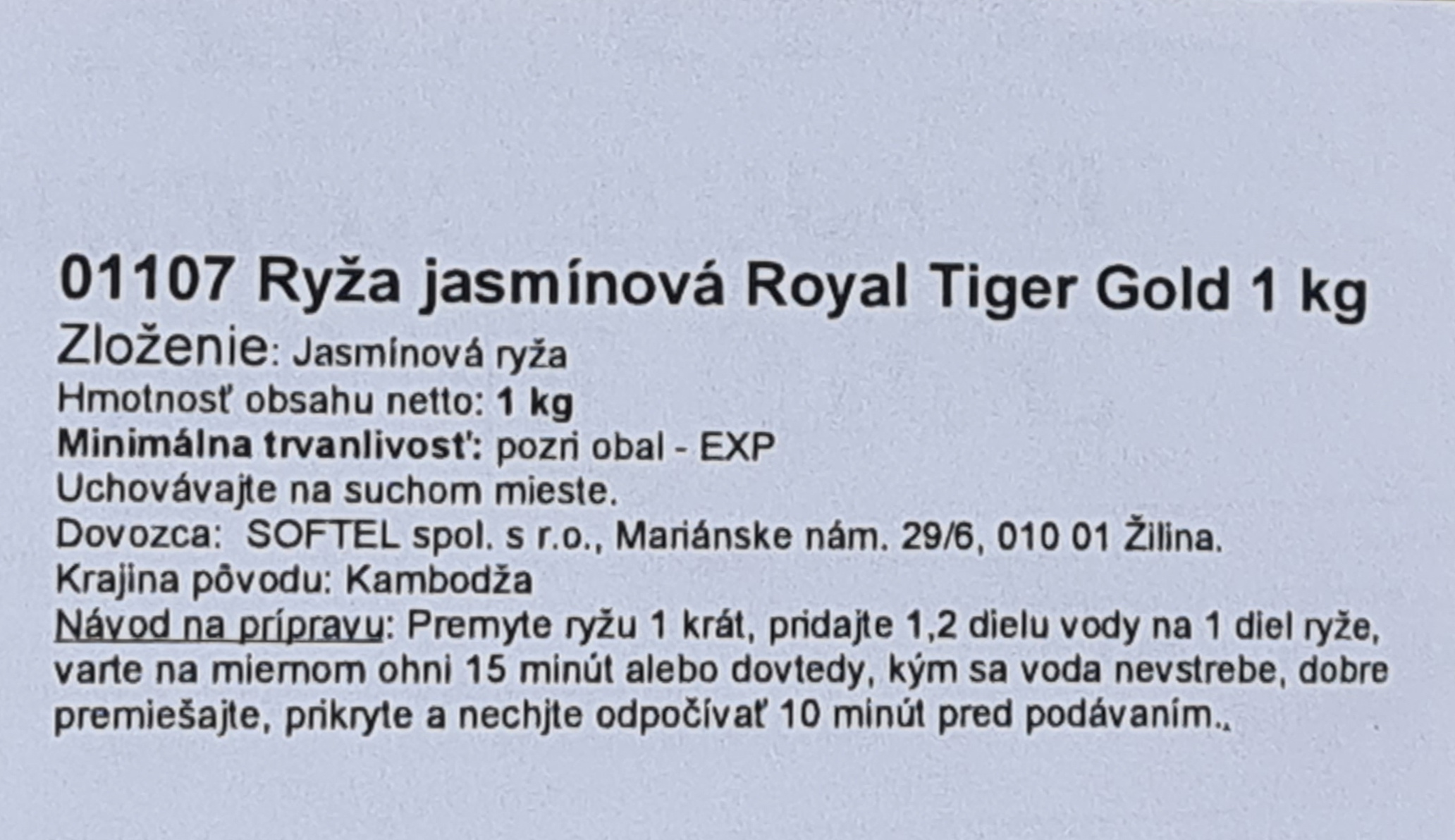 Slovenská etiketa jasmínovej ryže Royal Tiger Gold 1 kg