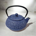 Kvalitný liatinový čajník s nerezovým filtrom a vnútorným smaltovaním, tradičný japonský motív Hanabi. Elegantná modro-strieborná farba, objem 1,0 l.