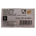 Detailný záber na originálny papierový štítok produktu Golden Turtle. Zobrazuje viacjazyčný názov Hotpot spoon / Fondue-Sieb 7 cm, piktogramy pre bezpečný styk s potravinami, čiarový kód a kontaktné údaje importéra.