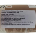 Detailný záber na bielu slovenskú nálepku na fľaši ryžového vína. Nálepka nesprávne označuje produkt ako "706001 Walmae Makgeoli Rice Wine". Zloženie uvádza vodu, ryžu, ryžový maltooligosacharid, kyselinu citrónovú a aspartám. Obsah alkoholu je 6 % vol. E