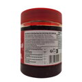 Bočná strana obalu pikantnej bôbovej pasty s anglickým názvom CLH Hot Broad Beans Paste In Red Oil. Zobrazuje prehľadnú tabuľku nutričných hodnôt na 100g s energetickou hodnotou 114 kcal (471 kJ). Obsahuje informácie o európskom dovozcovi, recyklačné symb