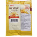 Detail zadnej strany obalu obľúbených kórejských zemiakových čipsov Honey Butter od značky HAITAI (60 g). Fotografia zachytáva bielu informačnú etiketu so slovenským zložením, vrátane upozornenia na alergény (mlieko, sója, maslo). Obsahuje tiež tabuľku vý