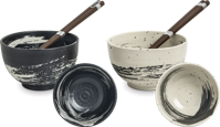 Sada misiek pre 2 osoby z japonskej keramiky béžovočierne