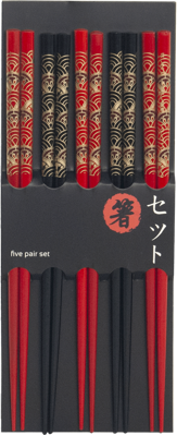 Čínske paličky set 5 párov čierne a červené japonský motív